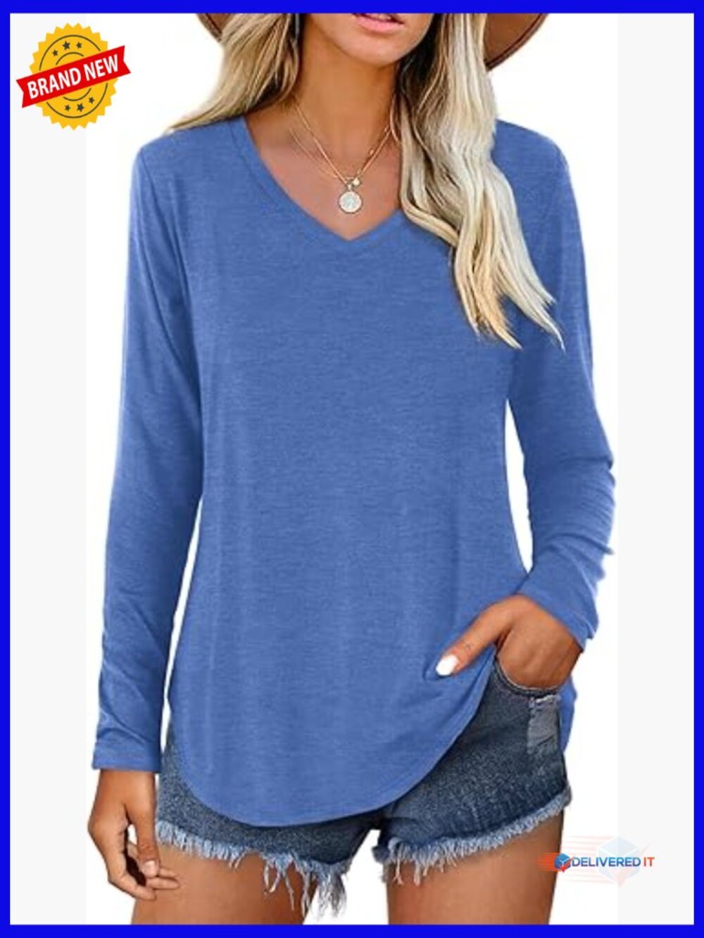 Womens V Neck T-Shirt Curved Hem Casual Short Sleeve Solid Top